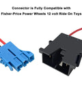 Connector for 12V 15Ah LiFePO4 Battery, Power Wheels compatible, featuring blue and black connectors.