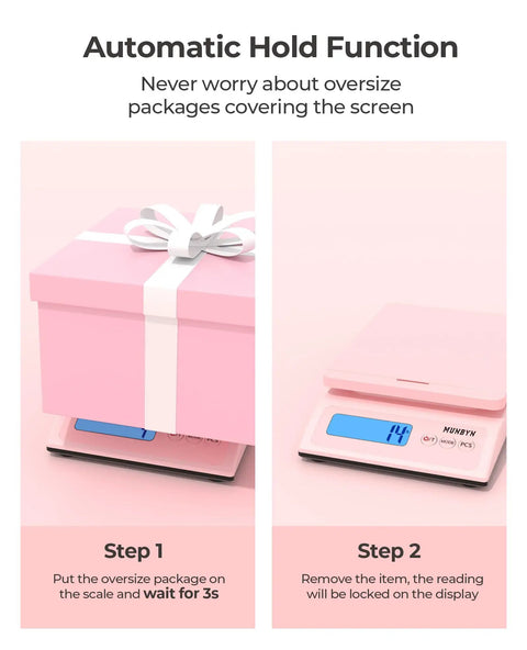 Killer Digital Postal Scale Measures Every Package Up To 66 Pounds With Dead On Precision So You Can Ship Heavy Goods Without Stress While The Sleek Pink Surface Looks Absolutely Dope showing automatic hold function with a pink package.