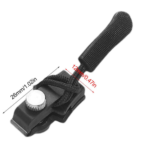 Zipper Repair Kit With Slider Fix Tool Quick Zip Replacement Instant Zipper Mending Set close-up of tool with black handle and dimensions