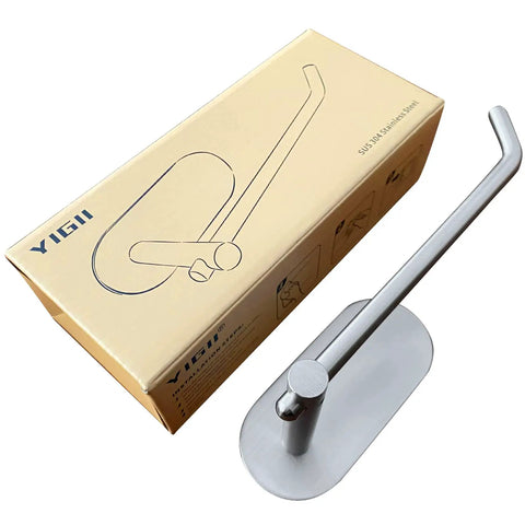 Self Adhesive Toilet Paper Holder For Bathroom And Kitchen Wall Mount Brushed Stainless Steel No Drill shown with packaging.