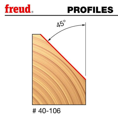 Illustration of wood profile showing a 45-degree chamfer, related to Bevel Router Bit 1-3/4 Inch Diameter, 1/4 Inch Shank.
