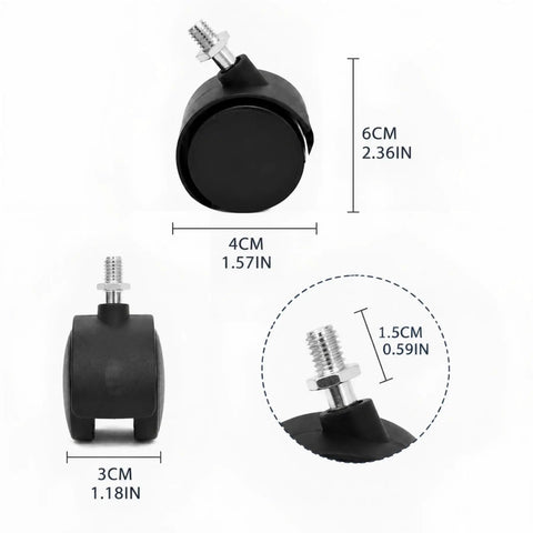 RuiJOTWAT 4Pcs Caster Wheels for Oil-Filled Radiators Swivel Casters with Brakes Replacement Wheels for Electric Heaters and Furniture Black dimensions shown.