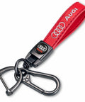 Red Leather Car Keychain For Audi A1 A3 RS3 A4 A5 A6 A7 RS7 A8 Q3 Q5 Q7 R8 With Durable Zinc Alloy Accents shown on white background