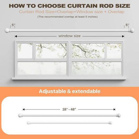 Diagram showing Matte White Curtain Rod Set 28 To 48 Inch 2 Pack With Brackets Splicing Adjustable Curtain Rod usage and sizing.