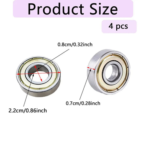 4 Pack Wheelchair Fork Bar Bearings For Front Wheel Axles 8mm Compatible showing size dimensions in inches