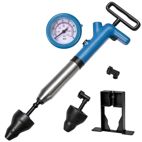 Heavy Duty Air Toilet Plunger And Drain Auger Featuring A Smart Real Time Pressure Gauge for quick pipe unclogging.