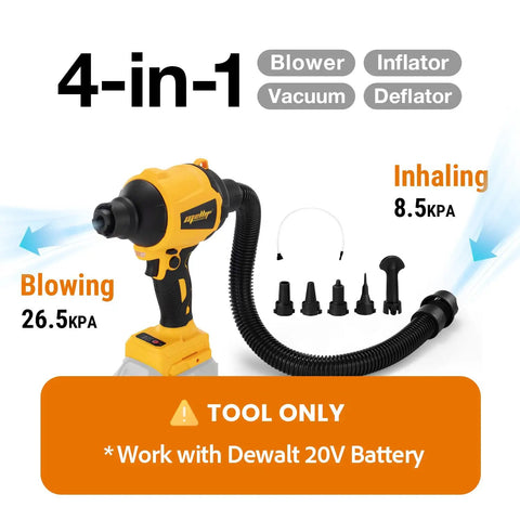 Cordless Air Duster And Blower Tool Only With 50,000 RPM Brushless Motor, shown with attachments for inflating and deflating.