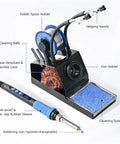 Heated 100W Soldering Iron Kit With LCD Temp Readout And Auto Sleep, includes holder, cleaning sponge, and helping hands.