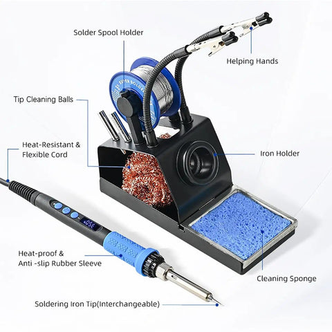 Heated 100W Soldering Iron Kit With LCD Temp Readout And Auto Sleep, includes holder, cleaning sponge, and helping hands.