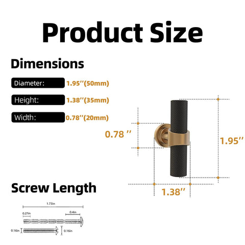 10 Pack Knurled Cabinet Knobs Matte Black And Champagne Bronze Set dimensions diagram with measurements and screw length