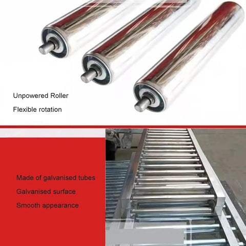 Heavy Duty Galvanized Steel Rollers Light Duty Conveyor Ideal For Yards And Warehouses With Smooth Unloading Slide Design For Easy Material Handling In 40x300cm Size To Get Your Job Done Fast, showcasing three unpowered steel rollers with a smooth surface.