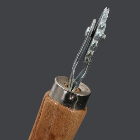 Close-up of Spur Wire Embedder Tool for Beehives with wood handle and stainless steel wire wheel for frame wiring.