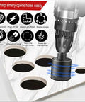 Pro Grade Diamond Hole Saw Kit demonstrating cutting precise holes in white tile surface with drill.