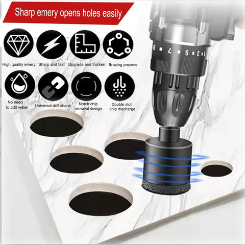 Pro Grade Diamond Hole Saw Kit demonstrating cutting precise holes in white tile surface with drill.