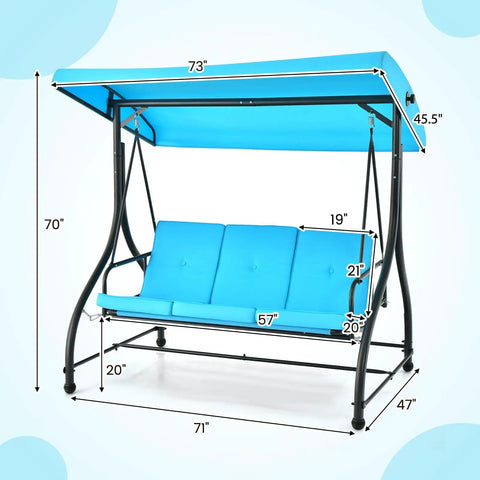 Three Seat Outdoor Porch Swing 2 In 1 Swing Glider With Adjustable Canopy Weatherproof Fabric Removable Cushions dimensions