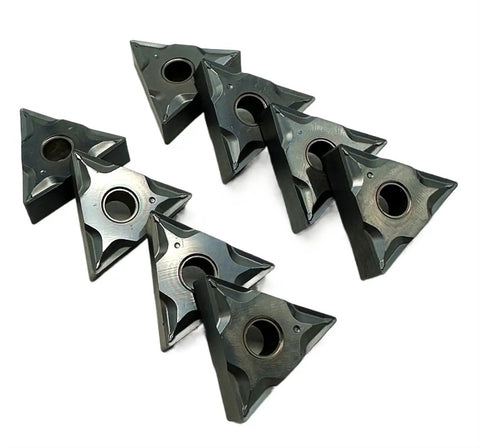 Ten Pack TNMG160404 And 08 Carbide Turning Inserts For External Metal Lathe Work featuring sharp triangular design and durable LT10 grade material.