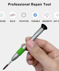 Hand holding PH0 3mm Micro Phillips Screwdriver With Magnetic S2 Tip Free Spin Cap Non Slip Grip For Tiny Electronics against icons.