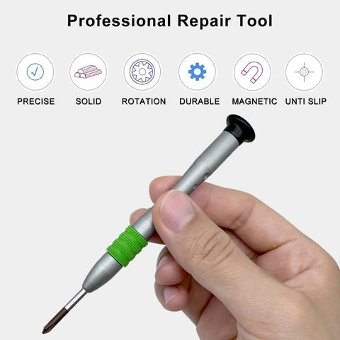 Hand holding PH0 3mm Micro Phillips Screwdriver With Magnetic S2 Tip Free Spin Cap Non Slip Grip For Tiny Electronics against icons.