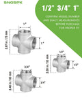 304 Stainless Steel Pipe Fitting Cross 4 Way 1 NPT Female Threaded CNC Machined for HVAC, three size options shown