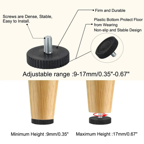 Adjustable M8 Leveling Feet for Furniture Legs, 40mm Base Floor Protectors, Height Adjustment 9 to 24mm, diagram view