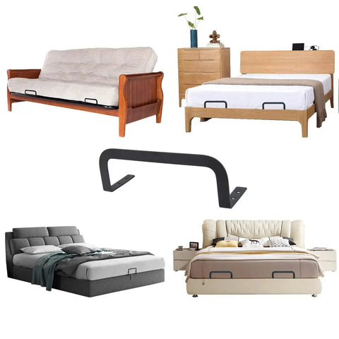2 Pcs Universal Mattress Slide Stopper And Bed Frame Retainer Bracket Keeps Your Bed Lockdown Tight On Any Frame Stops Nightly Shifting Dead In Its Tracks For Snug Sleep. Display of various bed frames with the black steel slide stopper.