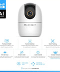 4MP WiFi Indoor Camera With Baby Monitor, Human And Pet Detection, Motion Tracking features on display with tech specs and icons