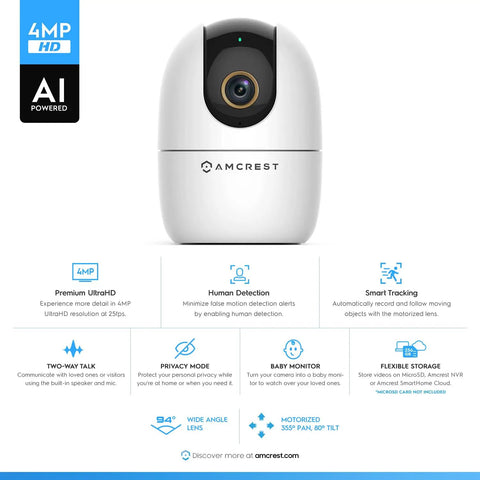 4MP WiFi Indoor Camera With Baby Monitor, Human And Pet Detection, Motion Tracking features on display with tech specs and icons
