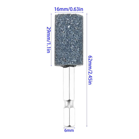 Front view of Ten Piece 16mm Cylindrical Aluminum Oxide Mounted Grinding Stones Set With One Quarter Inch Hex Shank For Electric Rotary Tools Drill Grinder Ideal For Metal Wood Plastic Surface Preparation Deburring Finishing.