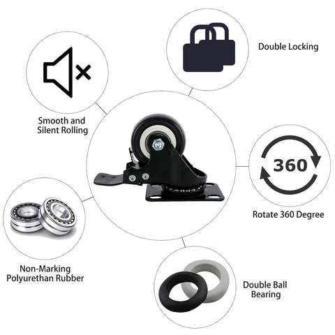 8 Pack 2 Inch Heavy Duty Swivel Plate Caster Wheels With Double Brake And PU Foam No Noise For Furniture Tables Trolleys Workbenches And Garage Use Each Caster Supports Up To 150 Lbs Durable Top Plate With Double Ball Bearing For Smooth Quiet Rolling.