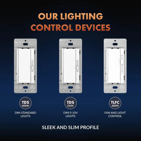 Modern White 3-Way Single Pole 0-10V Dimmer Switch For Led Drivers And Fluorescent Ballasts Offering Smooth Flicker Free Glow With Heavy Duty Construction And Seriously Hassle Free Installation, displayed with other control devices.