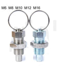 Heavy Duty Indexing Plunger With Contoured Handle Spring Loaded Return And Steel Locking Screw for fast assembly, featuring two metallic pins.