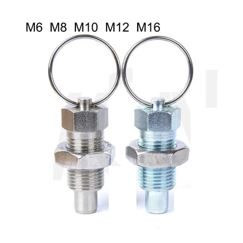 Heavy Duty Indexing Plunger With Contoured Handle Spring Loaded Return And Steel Locking Screw for fast assembly, featuring two metallic pins.