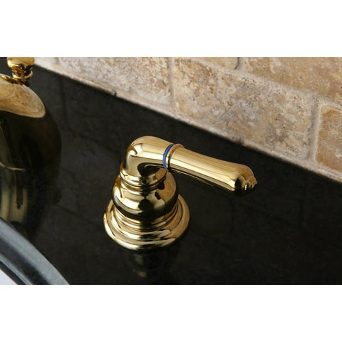 Magellan Mini Widespread Bathroom Faucet With Pop Up Drain Solid Brass Construction, polished brass handle, close-up view