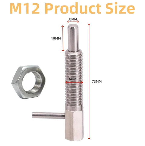 Beefy M12 Retractable Indexing Plunger Pin 2 Pack Slick Telescopic Locking Hardware Heavy Duty Stainless Steel size details.