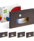 Recessed Step Light Fixture With Dusk To Dawn Sensor, Dope 3CCT Options, Motion Sensor And Photocell, Waterproof And ETL Listed, 3W 120LM 120V, Dark Bronze, 4 Pack For Staircase Illumination, shown with packaging and multiple views.