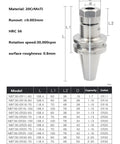 NBT30 CNC Collet Chuck Fixture with dimensions and specifications for ER16 ER20 ER25 ER32 spindles made from tough 20CrMnTi steel.