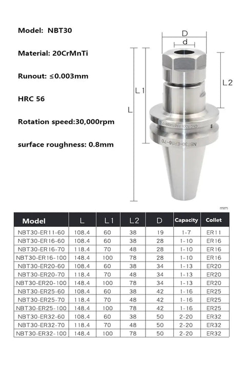 NBT30 CNC Collet Chuck Fixture with dimensions and specifications for ER16 ER20 ER25 ER32 spindles made from tough 20CrMnTi steel.