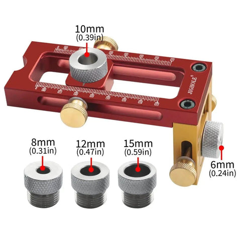 Pro Level 2 In 1 Cross Dowel Drill Guide Kit With Adjustable Pocket Hole Locator showing adjustable sizing elements and aluminum construction.
