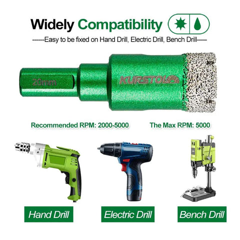 Diamond Core Drill Bit Kit With Vacuum Brazed Technology For Dry Drilling Tile Porcelain Ceramic Stone; drill bit and tools displayed