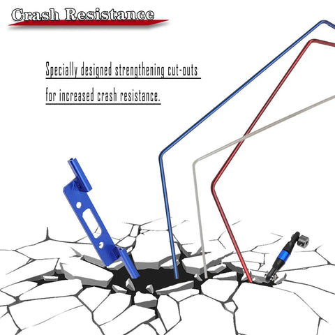 Beef Up Your One Tenth Slash 2WD RC Car With An Aluminum Front And Rear Sway Bar Kit in blue, red, silver bars on cracked surface