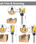 Six Piece 1 Quarter Inch Shank Grooving Router Bit Set With Bearings showing flush trim and grooving features with measurements