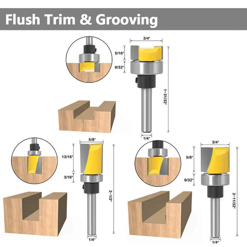 Six Piece 1 Quarter Inch Shank Grooving Router Bit Set With Bearings showing flush trim and grooving features with measurements