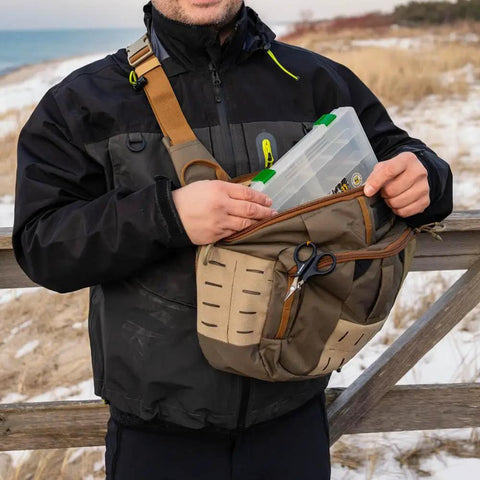 Person using Fly Fishing Sling Pack With Quick Access Chest Design For River Runs, Ultra Lightweight Tackle Storage With Large Capacity.