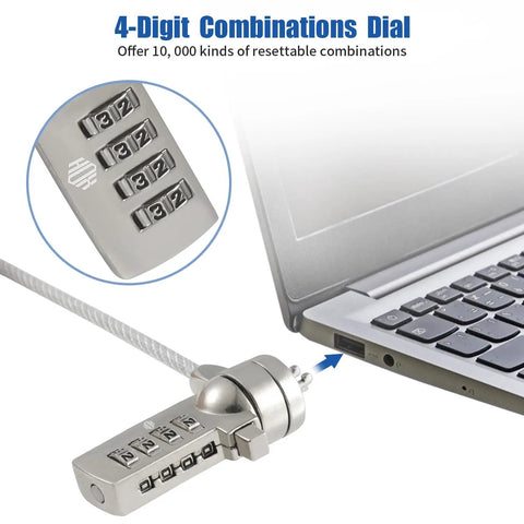 Heavy Duty Laptop Cable Lock With A Beefy Steel Core And Slick Combo Code to Lock Down iPads Tablets Laptops And Macbooks, close-up of 4-digit combo dial.