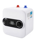 Say Goodbye To Cold Showers Quick Heat Mini Tank 2.1 Gallon 110V setup, compact white water heater with temperature display, ideal for kitchens.