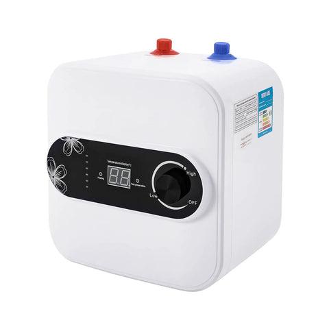Say Goodbye To Cold Showers Quick Heat Mini Tank 2.1 Gallon 110V setup, compact white water heater with temperature display, ideal for kitchens.