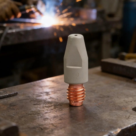 Coated Copper Welding Nozzle For High Precision Automotive And Metal Fabrication on metal surface in workshop