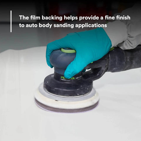 Using Hookit Finishing Film Abrasive Disc 6 Inch 600 Grit Plus on auto body for sanding and paint finishing