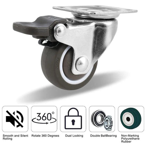 Close-up of Four Pack Beefy Heavy Duty Furniture Casters Wheels Stainless Steel Castors Swivel Office Rubber Rollers, 32 mm diameter