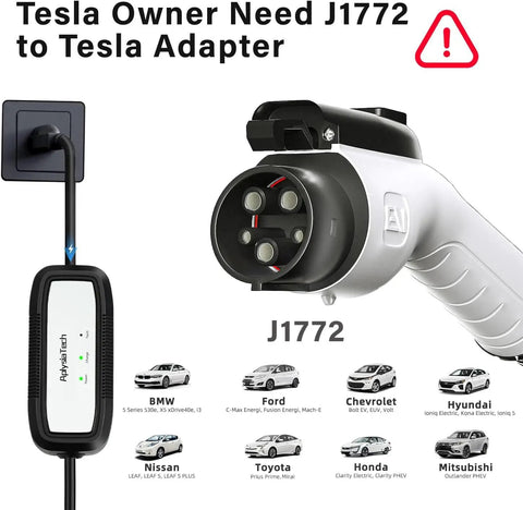 Level One Portable EV Charger 15 Amp 110 Volt With 21 Foot Extension Cord For Easy Home Charging Plug In NEMA 5 15P SAE J1772 Compatible Tesla With Adapter Great For Plug In At Home Or Work charger with adapter guide for Tesla.